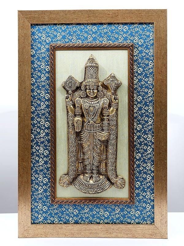 exotic india 21" Tirupati Balaji (Venkateshvara) | Wood Framed Brass Sculpture | Wall Hanging Decor 