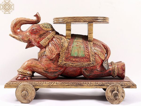 Exotic India 21" Wooden Elephant Design Table With Wheels 