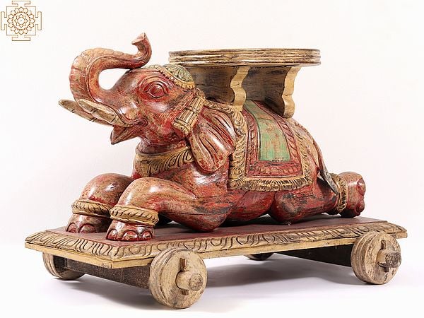 Exotic India 21" Wooden Elephant Design Table With Wheels 