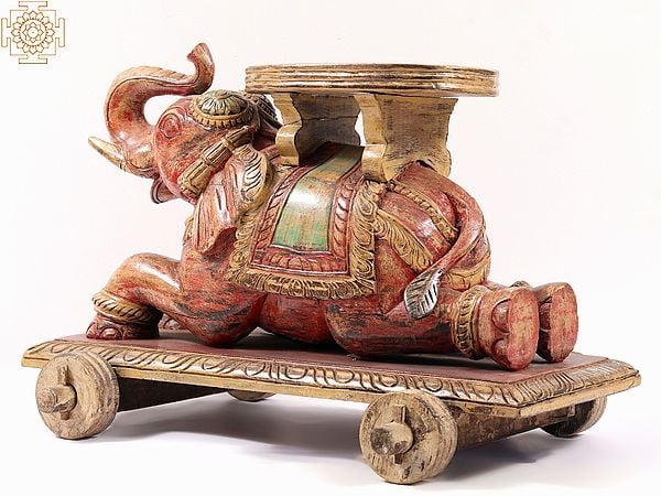 Exotic India 21" Wooden Elephant Design Table With Wheels 