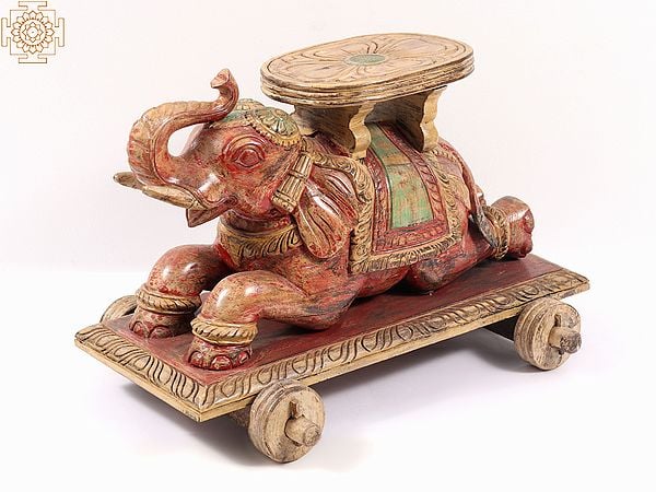 exotic india 21" Wooden Elephant Design Table with Wheels 
