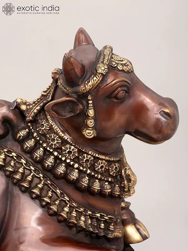 Exotic India 22" Decorated Nandi Statue In Brass | Vahana Of Lord Shiva | Brass Statue 