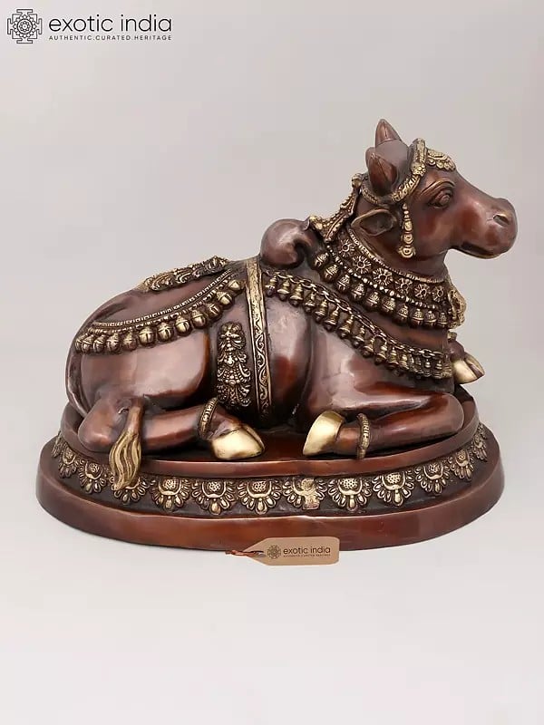 exotic india 22" Decorated Nandi Statue in Brass | Vahana of Lord Shiva | Brass Statue 