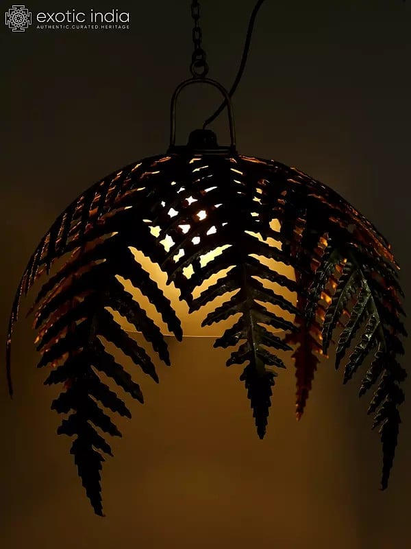Exotic India 22" Designer Ceiling Hanging Lamp Covered With Iron Leaves | Home Decor 