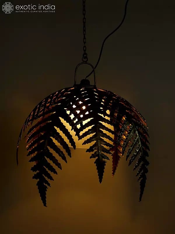 Exotic India 22" Designer Ceiling Hanging Lamp Covered With Iron Leaves | Home Decor 