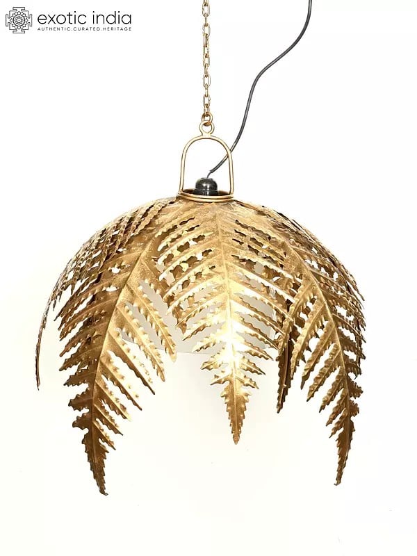 Exotic India 22" Designer Ceiling Hanging Lamp Covered With Iron Leaves | Home Decor 