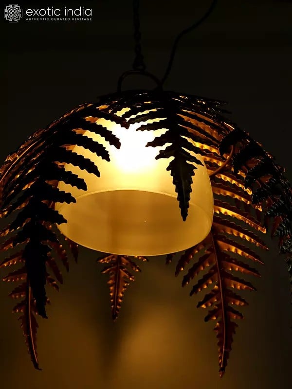 exotic india 22" Designer Ceiling Hanging Lamp Covered with Iron Leaves | Home Decor 