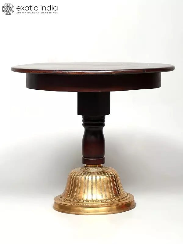 Exotic India 22" Designer Round Table In Wood With Brass Base 