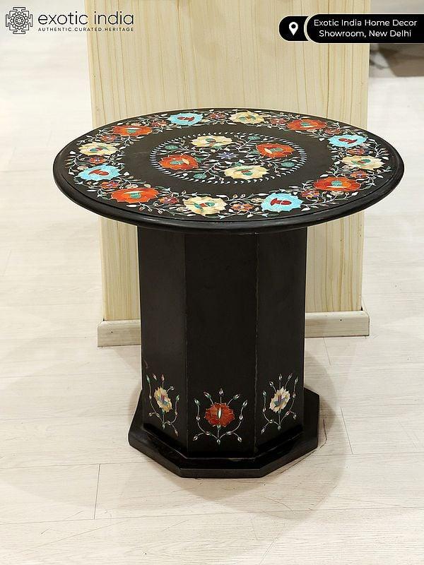 Exotic India 22" Designer Table In Black Marble With Semi-Precious Stone Inlay Work