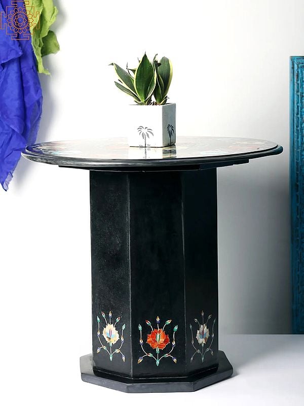 Exotic India 22" Designer Table In Black Marble With Semi-Precious Stone Inlay Work