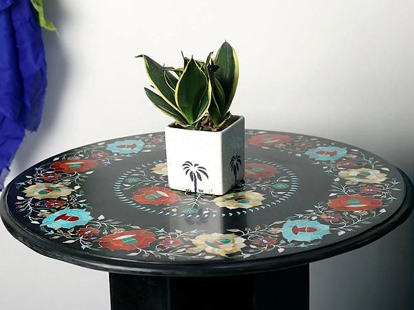 Exotic India 22" Designer Table In Black Marble With Semi-Precious Stone Inlay Work