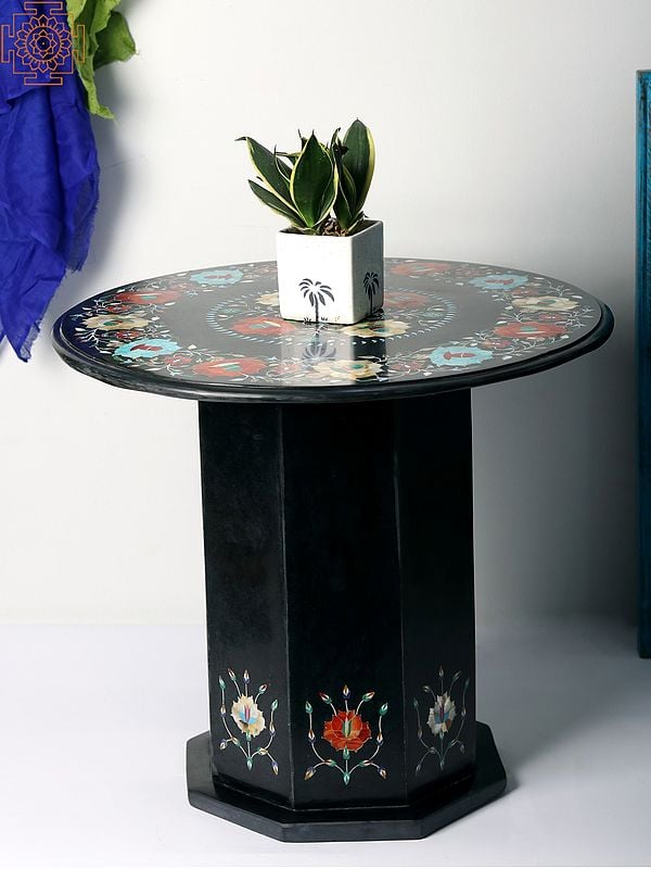 exotic india 22" Designer Table in Black Marble with Semi-Precious Stone Inlay Work 