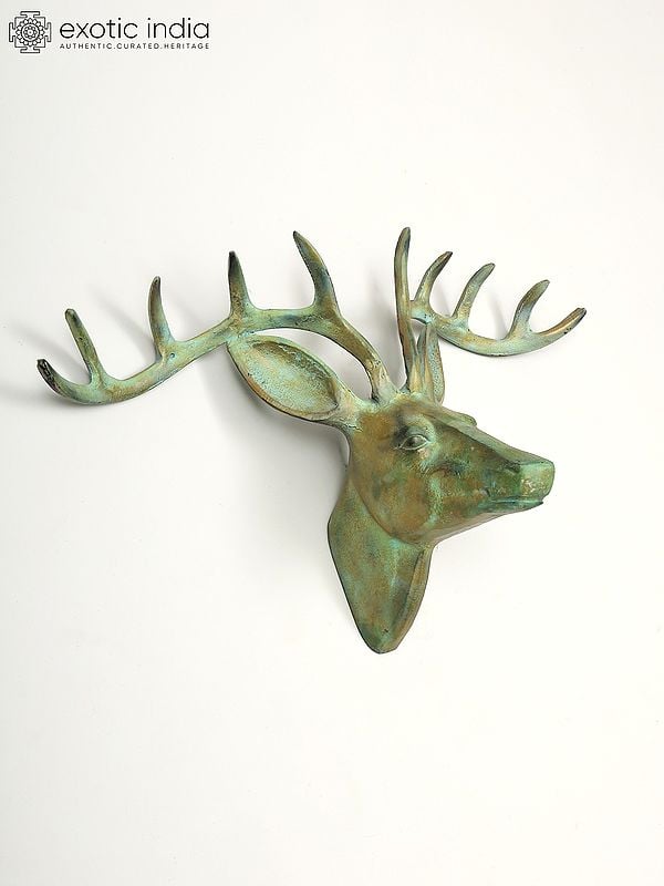 Exotic India 22" Green Deer Wall Decor In Brass | Home Decor