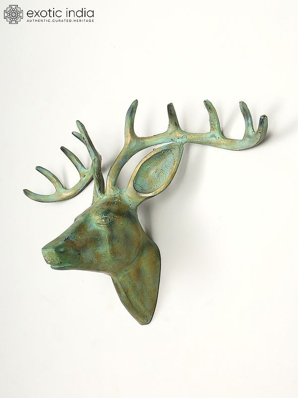 Exotic India 22" Green Deer Wall Decor In Brass | Home Decor