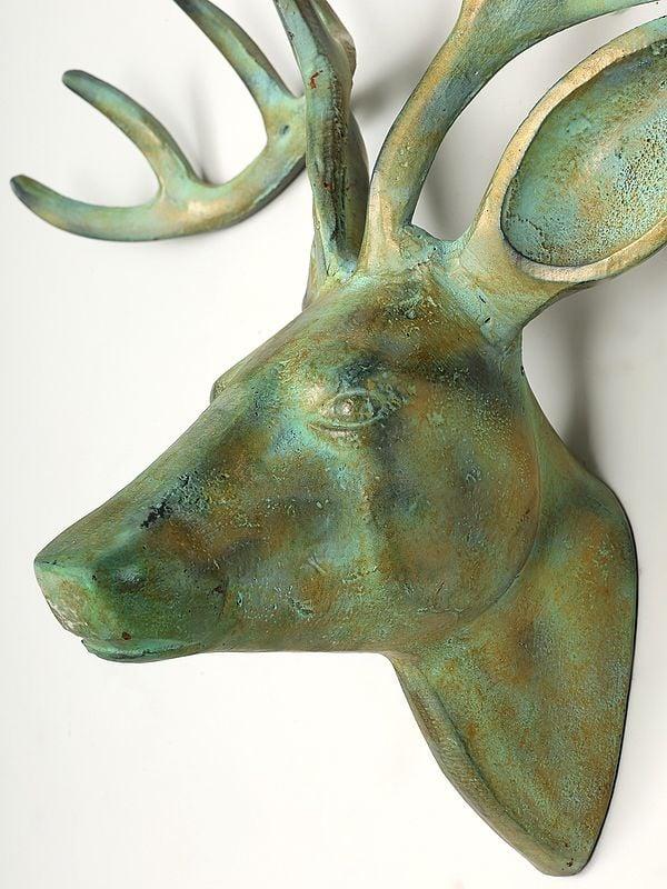Exotic India 22" Green Deer Wall Decor In Brass | Home Decor