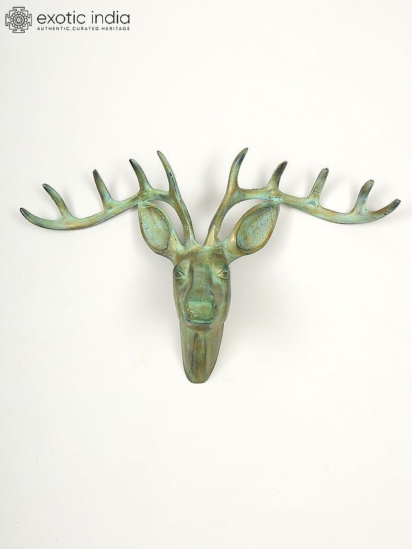 exotic india 22" Green Deer Wall Decor in Brass | Home Decor 