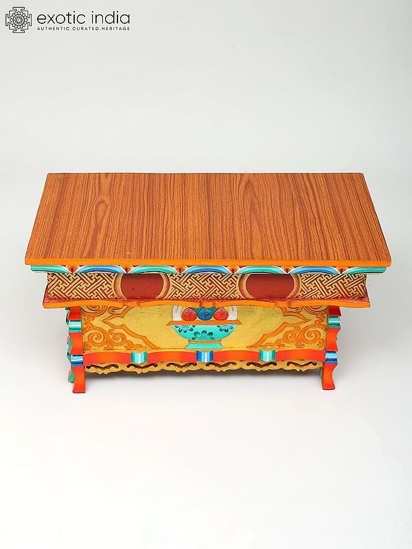 Exotic India 22" Hand-Painted Colorful Altar Table In Wood From Ladakh