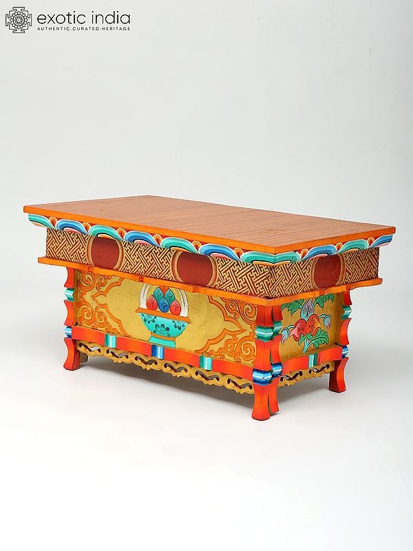 Exotic India 22" Hand-Painted Colorful Altar Table In Wood From Ladakh