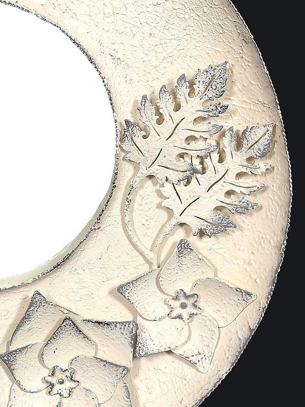 Exotic India 22" Leaves And Flowers Design Round Mirror | Wall Hanging