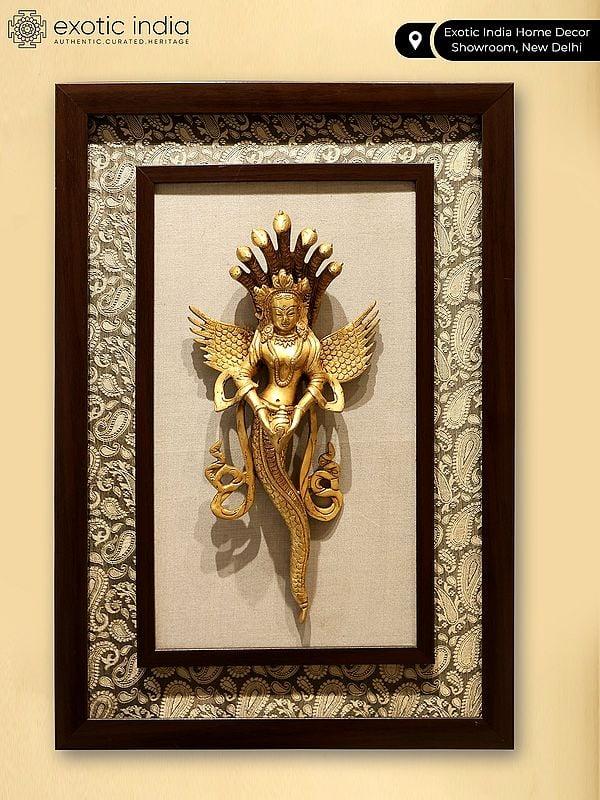 Exotic India 22" Naga Kanya Wood Framed Brass Sculpture | Wall Hanging Statue 