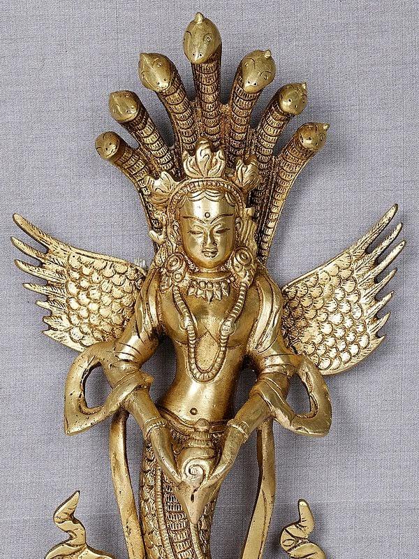 Exotic India 22" Naga Kanya Wood Framed Brass Sculpture | Wall Hanging Statue 