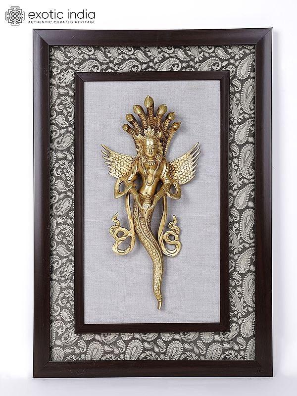 exotic india 22" Naga Kanya Wood Framed Brass Sculpture | Wall Hanging Statue 