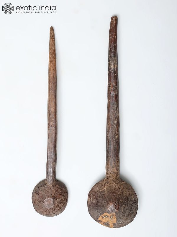 Exotic India 22" Pair Of Vintage Ritual Hawan Spoons In Wood | Handmade 