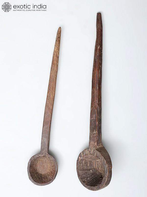 exotic india 22" Pair of Vintage Ritual Hawan Spoons in Wood | Handmade 