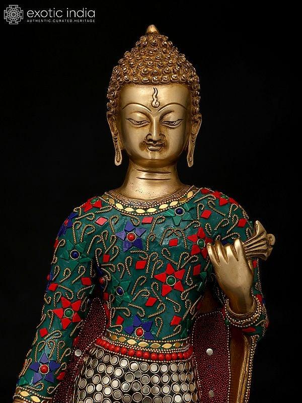 Exotic India 22" Standing Lord Buddha | Brass Statue With Inlay Work 