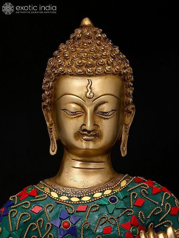 Exotic India 22" Standing Lord Buddha | Brass Statue With Inlay Work 
