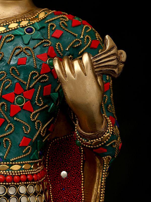 Exotic India 22" Standing Lord Buddha | Brass Statue With Inlay Work 
