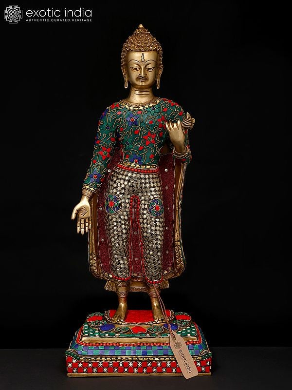 exotic india 22" Standing Lord Buddha | Brass Statue with Inlay Work 