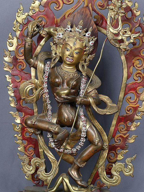 Exotic India 22" Vajravarahi Copper Statue Gilded With Gold From Nepal 