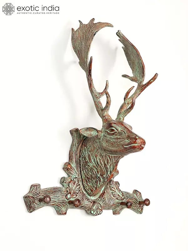 Exotic India 22" Wall Hanging Deer Head With Hooks | Home Decor 