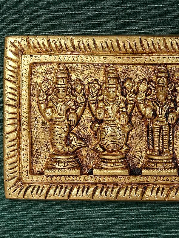 Exotic India 23" Brass Dashavatara Of Lord Vishnu | Wood Framed Wall Hanging 