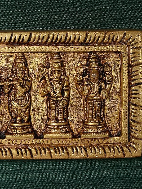 Exotic India 23" Brass Dashavatara Of Lord Vishnu | Wood Framed Wall Hanging 