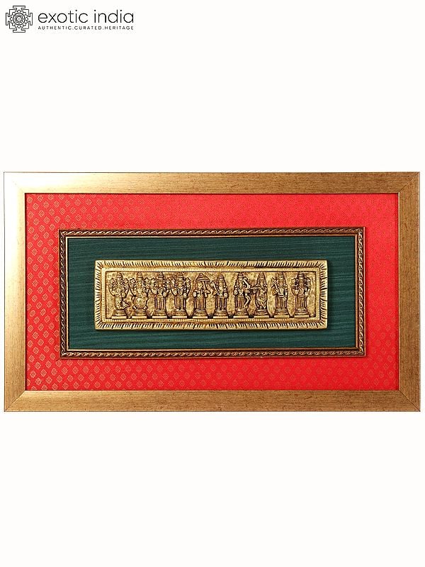 exotic india 23" Brass Dashavatara of Lord Vishnu | Wood Framed Wall Hanging 