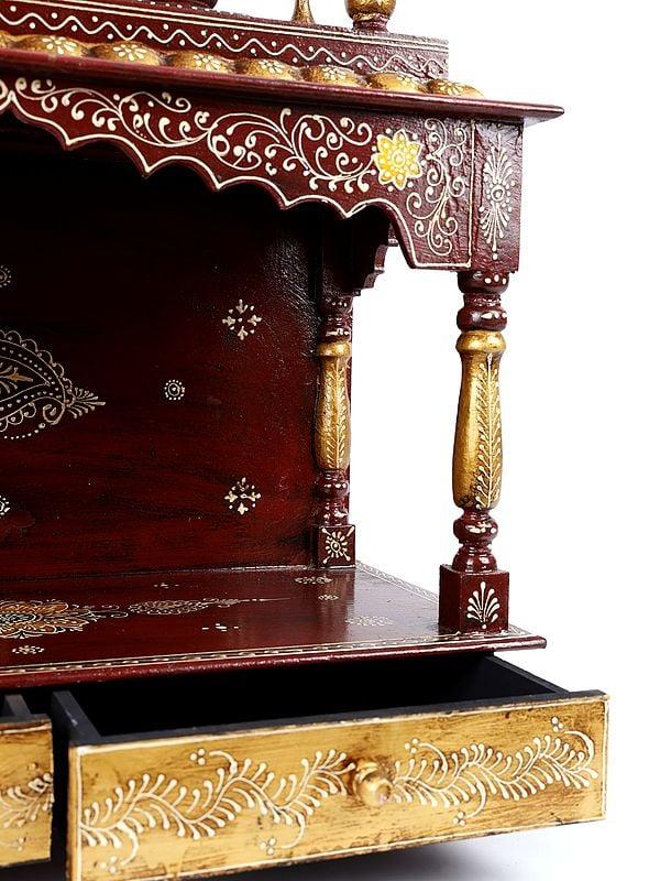 Exotic India 23" Hand-Painted Designer Wooden Puja Temple With Double Drawers 