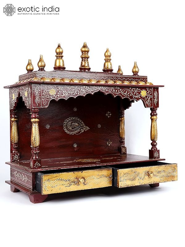 Exotic India 23" Hand-Painted Designer Wooden Puja Temple With Double Drawers 