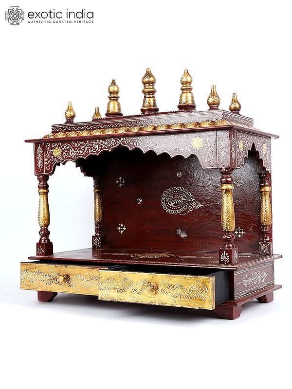 Exotic India 23" Hand-Painted Designer Wooden Puja Temple With Double Drawers 