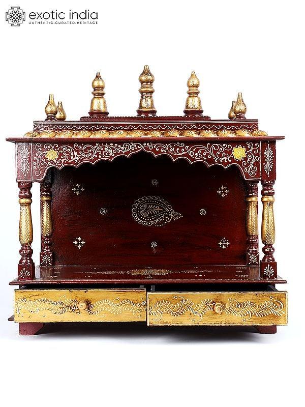 exotic india 23" Hand-Painted Designer Wooden Puja Temple with Double Drawers 