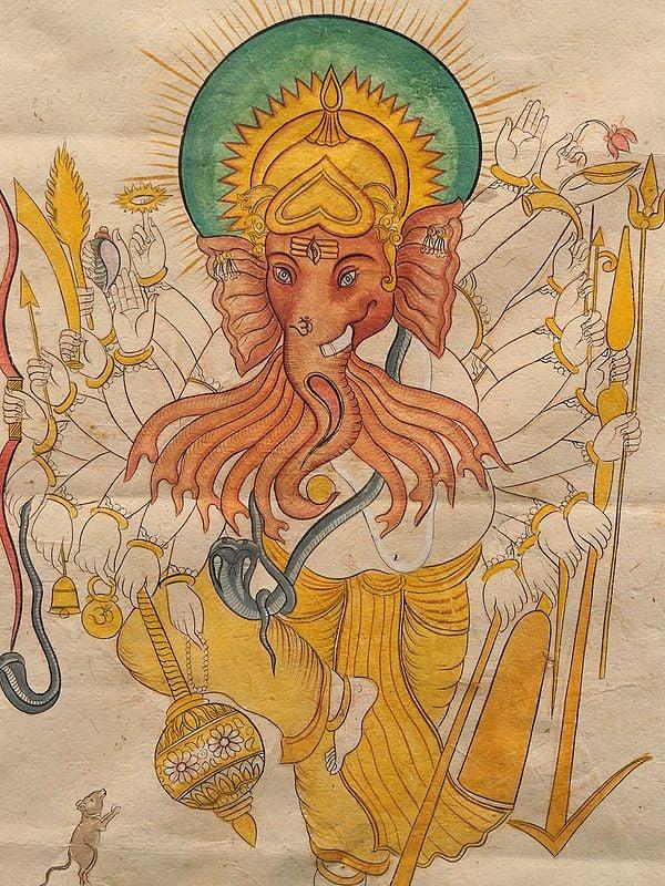 Exotic India 23" Lord Ganesha With Many Arms And Trunks | Framed Painting