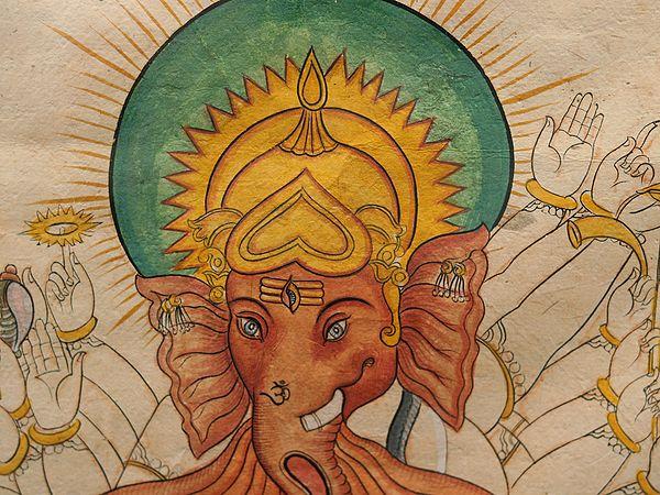 Exotic India 23" Lord Ganesha With Many Arms And Trunks | Framed Painting