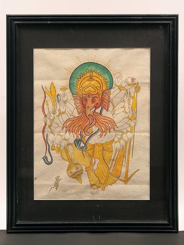 exotic india 23" Lord Ganesha with Many Arms and Trunks | Framed Painting