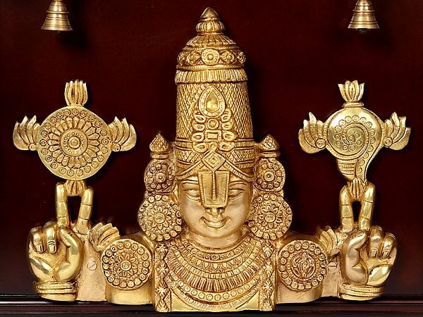 Exotic India 23" Tirupati Balaji (Venkateshvara) Bust In Brass | Wooden Wall Hanging Frame 