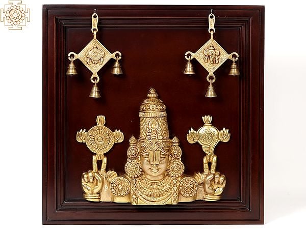 exotic india 23" Tirupati Balaji (Venkateshvara) Bust in Brass | Wooden Wall Hanging Frame 
