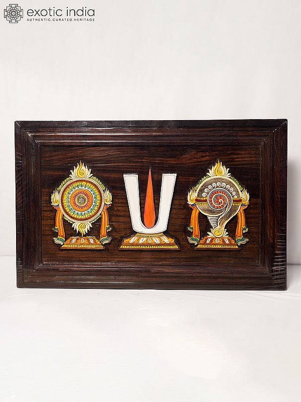 exotic india 23" Vaishnava Symbols Of Tirupati Balaji | Rosewood Panel With Inlay Work 