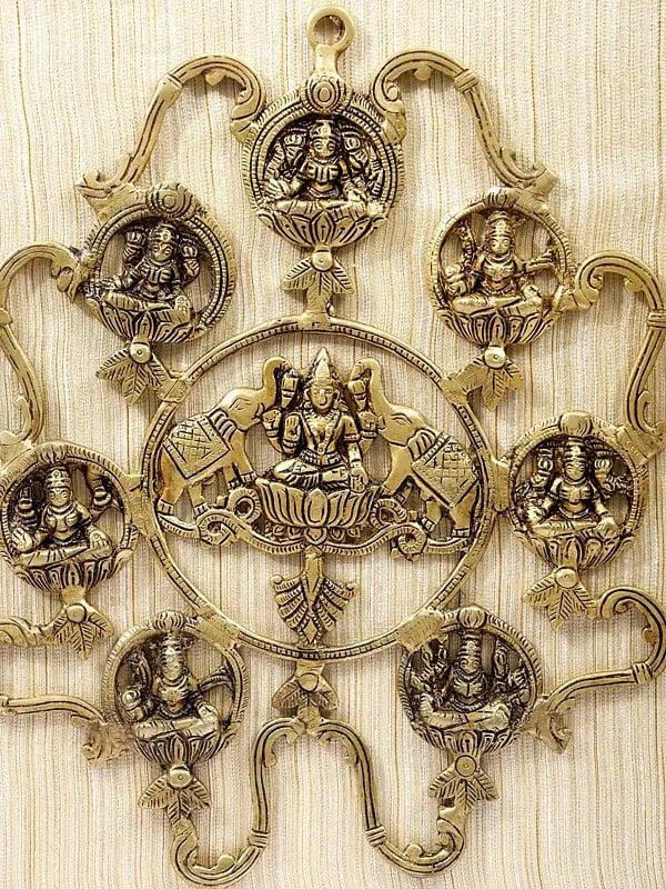 Exotic India 23" Wood Framed Ashtalakshmi In Brass | Wall Hanging 