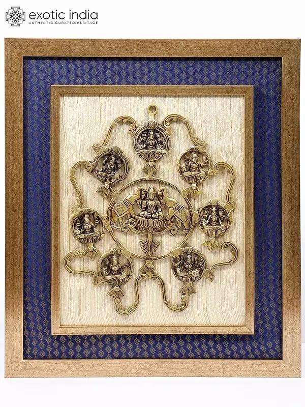 exotic india 23" Wood Framed Ashtalakshmi in Brass | Wall Hanging 