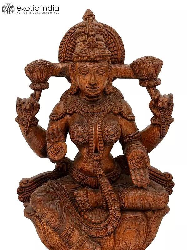Exotic India 24" Blessing Goddess Lakshmi Seated On Lotus | Wood Carving 